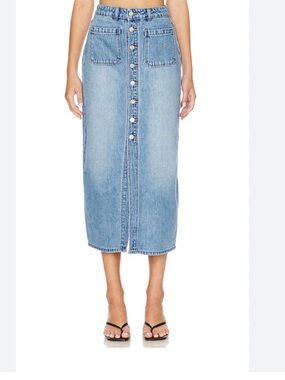 Revolve Rollas Sailor Denim Maxi Blue Jean Skirt Buttons 100% Cotton Sz 25 NWOT